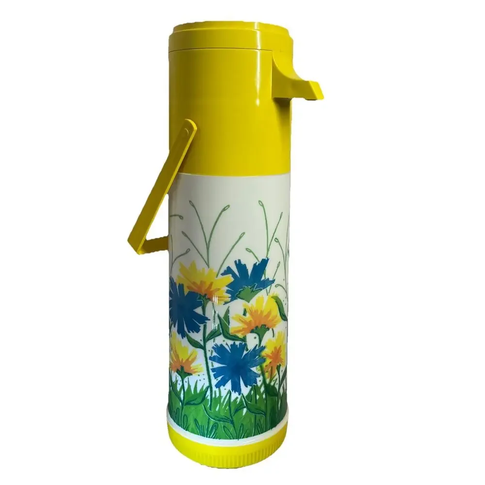 Vtg 70s Aladdin Pump A Drink Dispenser Thermos Shell Yellow Floral CottageCore